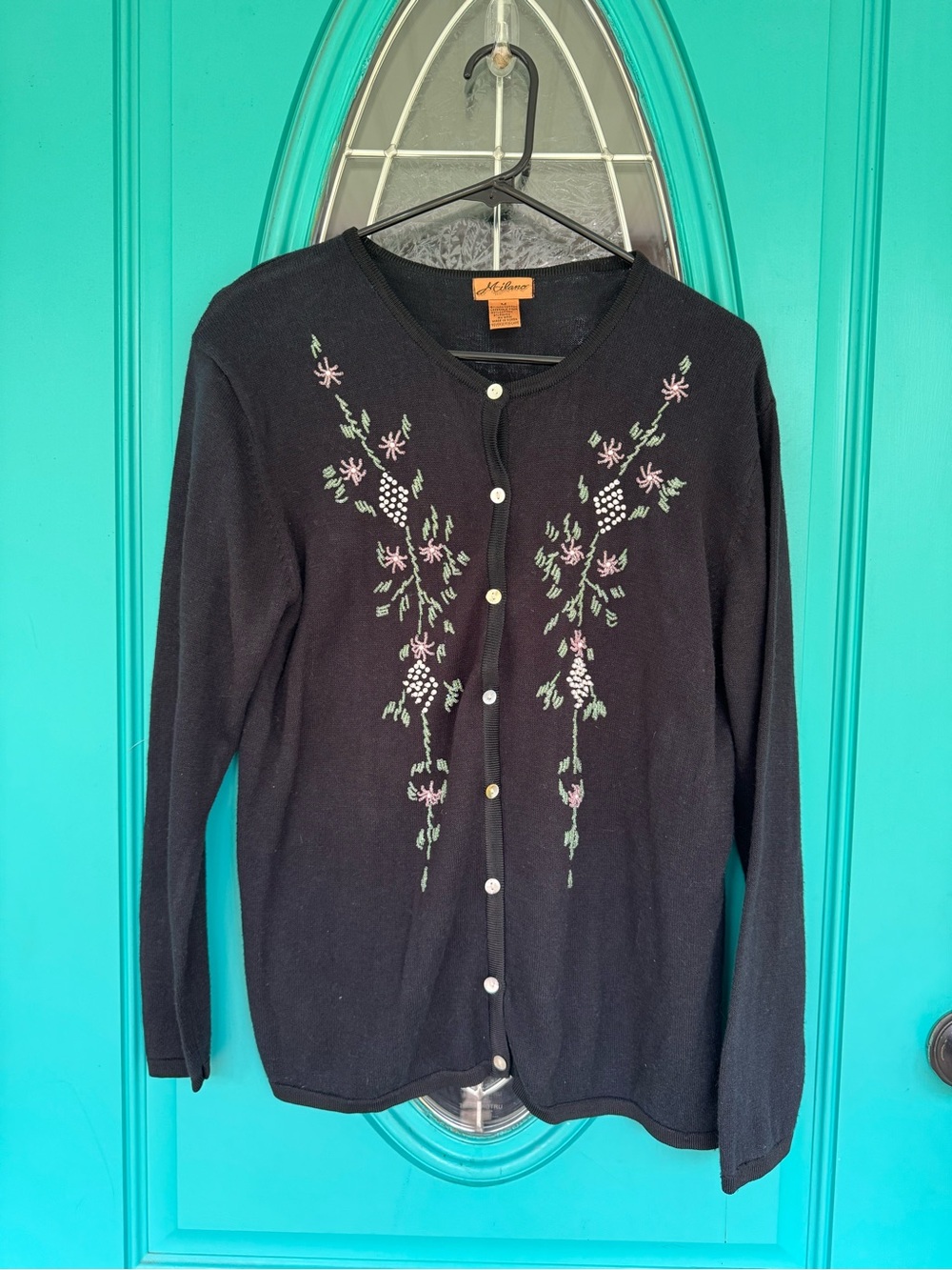 Milano Black Cardigan with Pink & Green Floral Embroidery
